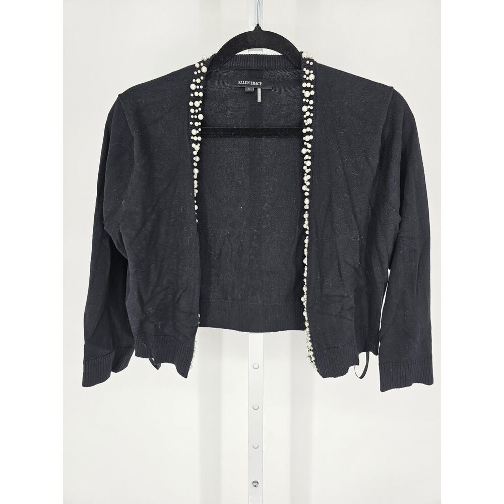Ellen Tracy Womens Sz L Cropped Sweater Shrug Black Knit w/ Pearl Beads Formal